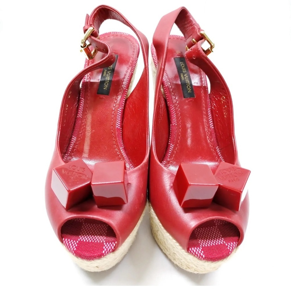š„LOUIS VUITTON Red Leather, Espadrille & Logo "Dice" Wedge Heels š„ - Picture 2 of 16